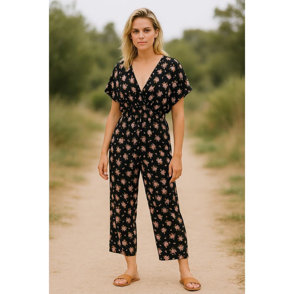 Madewell XS Black Floral Smocked Waist Jumpsuit Homestead Bouquet